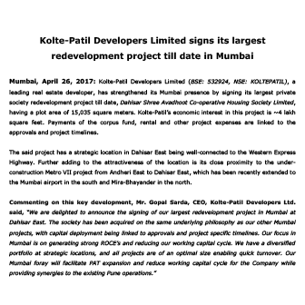 KOLTE-PATIL DEVELOPERS LIMITED SIGNS ITS LARGEST REDEVELOPMEt - Life Republic